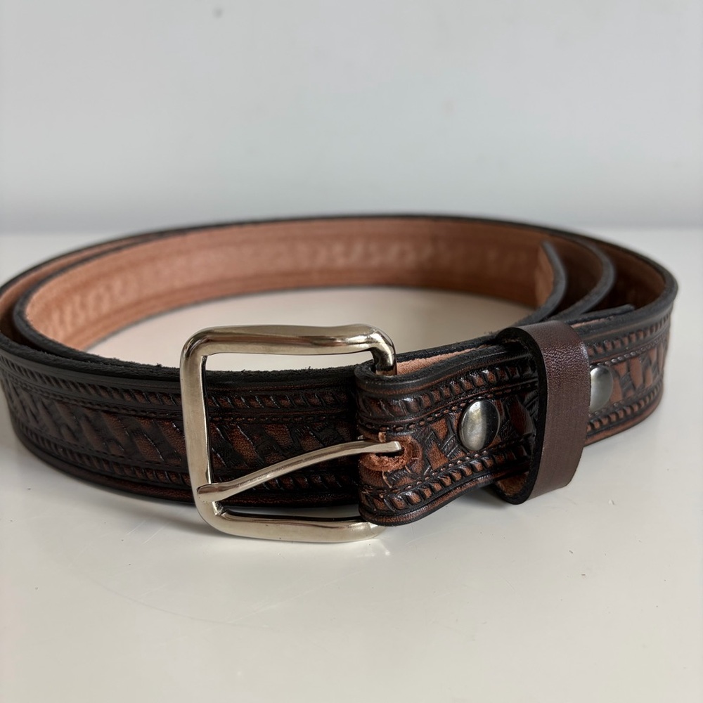 Handmade Cocoa Brown Leather Belt: Western Half Basket‎ Weave Size 50 NEW